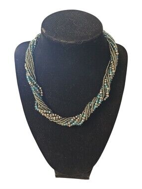 Premier designs blue and green beaded seed bead layered strand necklace 17"